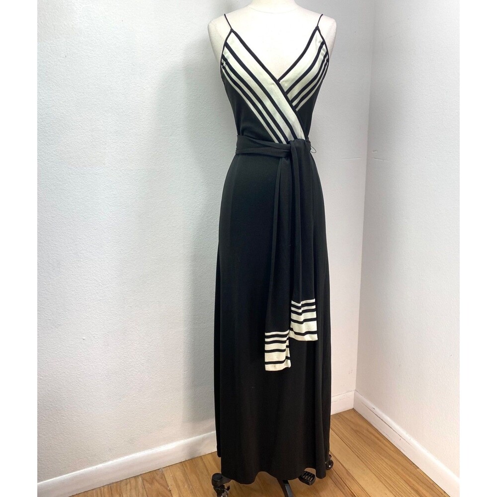 Vtg Clovis Ruffin Black Maxi Wrap Knit Dress Size 10 White Stripes Party Resort